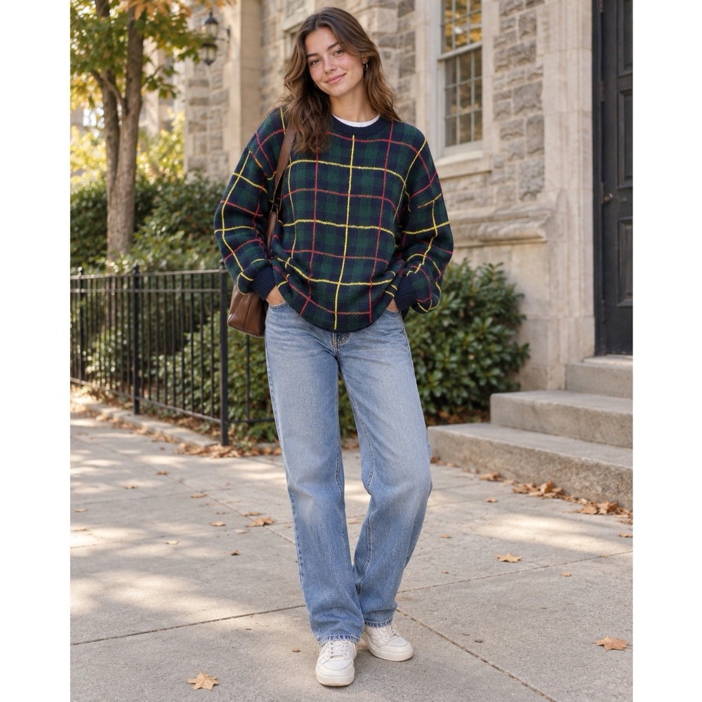 Vtg Womens Plaid Ivy League Pullover Sweater L Preppy Old Money Oversized Tartan